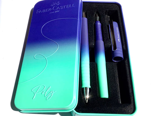 Set Füller+Kuli Poly Pen M Buzzing Blue (Faber-Castell) im Metall-Etui