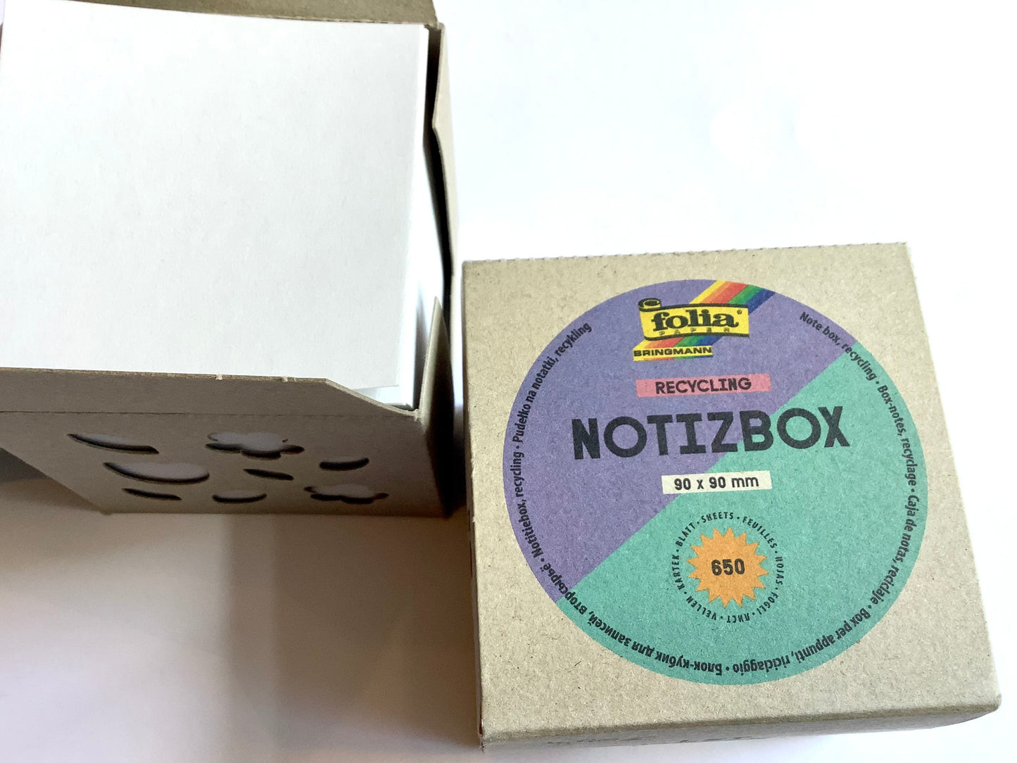 Papp-Box mit 650 losen Notizzetteln 9x9 cm