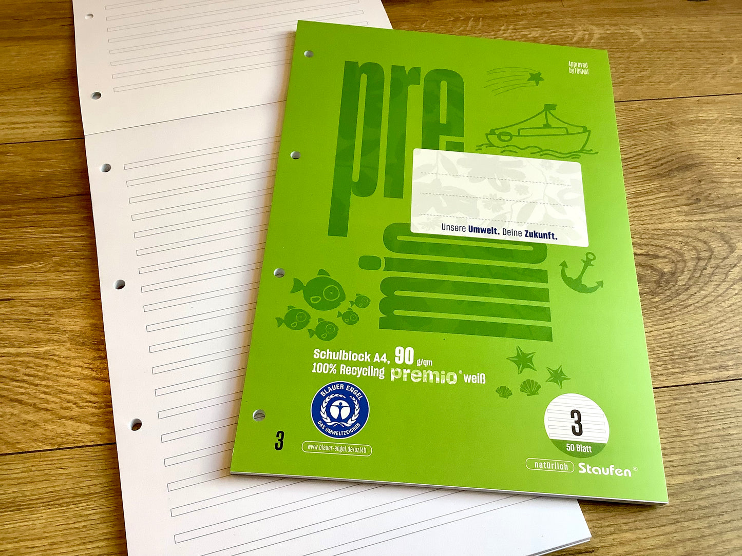 Schreibblock A4 Lin.3 50Bl. gelocht 90g premio - Polly Paper - Umweltfreundliche Schreibwaren