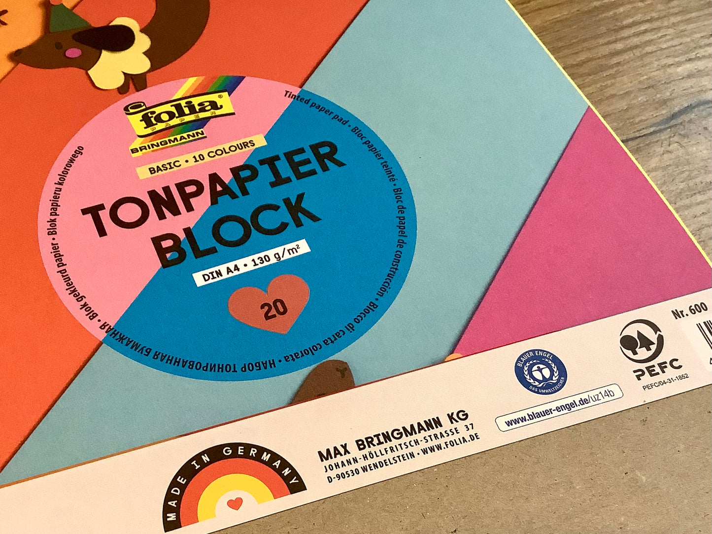 Tonpapierblock A4 10 Farben 130g/m² 20Bl. folia - Polly Paper - Umweltfreundliche Schreibwaren