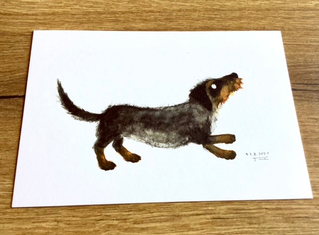 Weiße Postkarte mit einem gemalten Rauhaardackel darauf