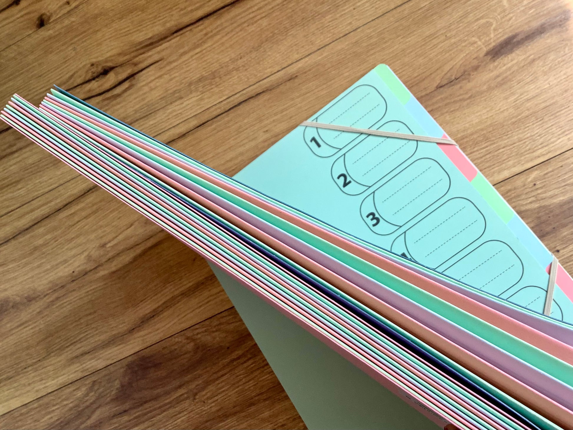 Ordnungsmappe in 3 Pastellfarben, rosa, hellgrün und hellblau. 7 Fächer mit farbigen Reitern. Eckspanner-Verschluss.
Erhältlich bei Polly Paper - Bürobedarf in Berlin-Mitte