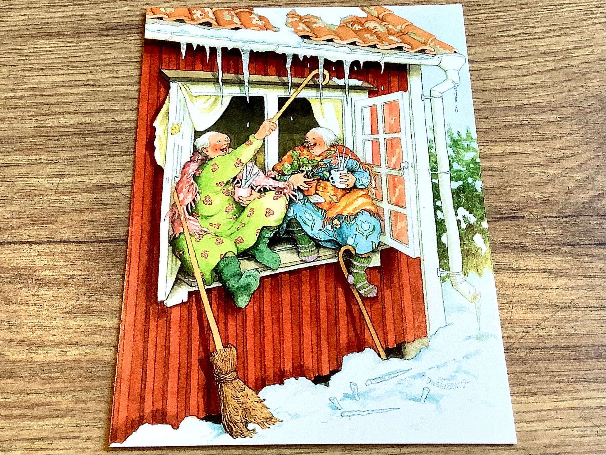 Postkarte Löök Frauen brechen Eiszapfen am Fenster - Polly Paper - Umweltfreundliche Schreibwaren