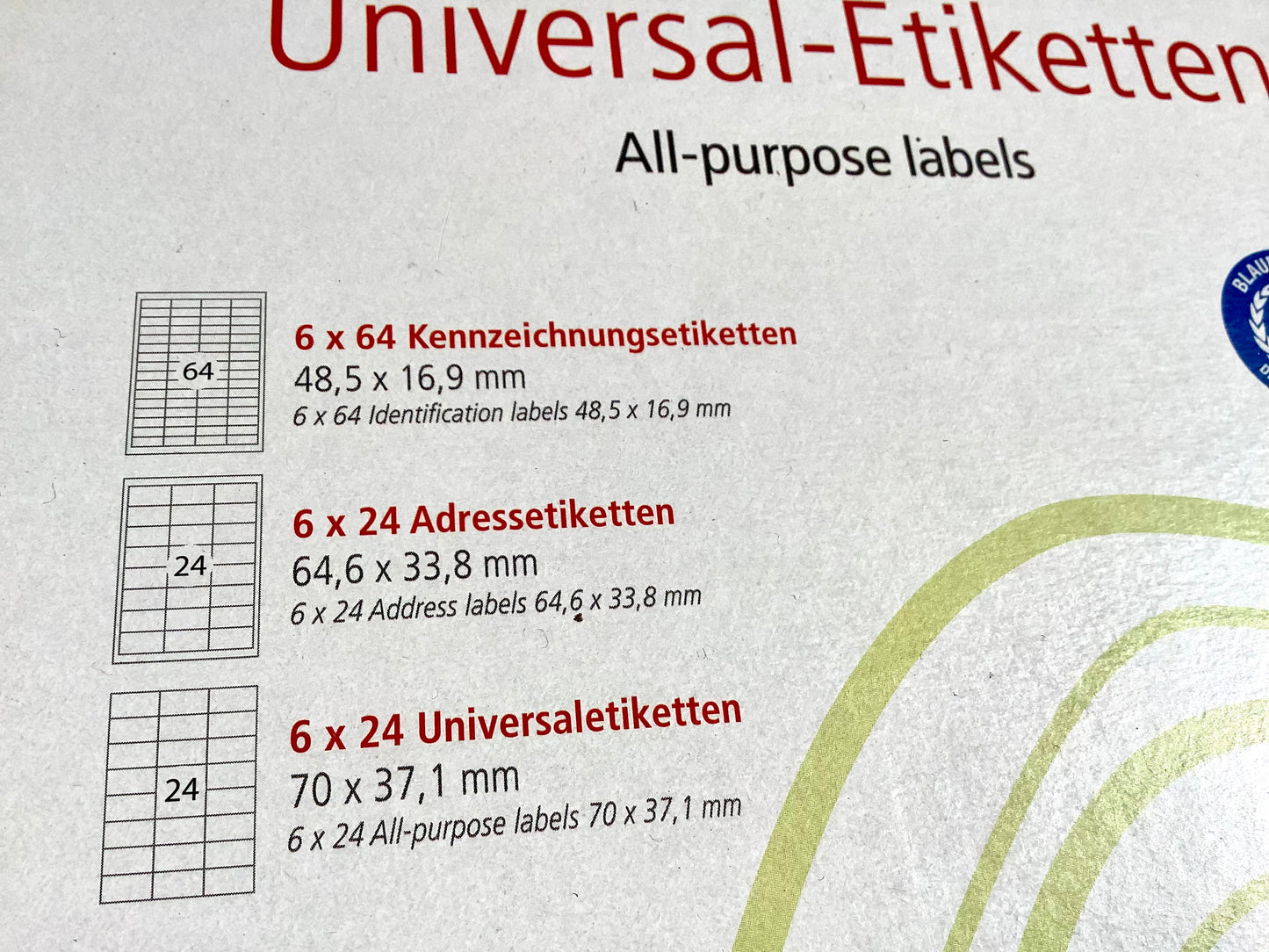 Etiketten Mixpack 3 Größen 18 Blatt A4