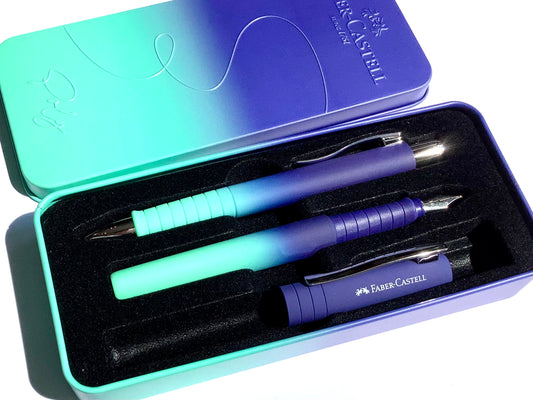 Set Füller+Kuli Poly Pen M Buzzing Blue (Faber-Castell) im Metall-Etui