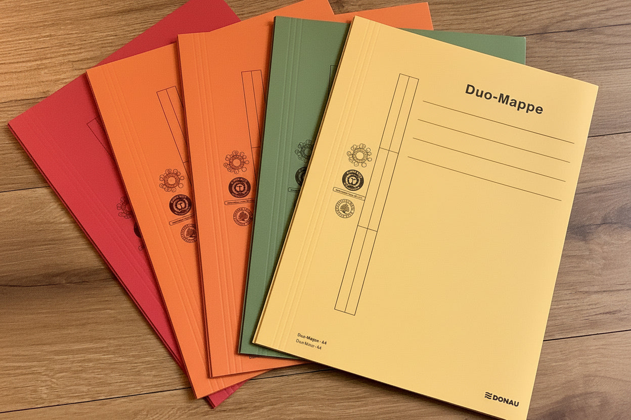 Praktische Kombi: ein Schnellhefter, der hinten daran noch eine Einschlagmappe hat. Orange, rot, grün, gelb, hellblau
