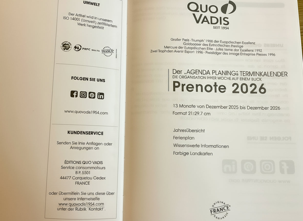 Wochenkalender Prenote Einlage A4 2025 (!) Quo Vadis