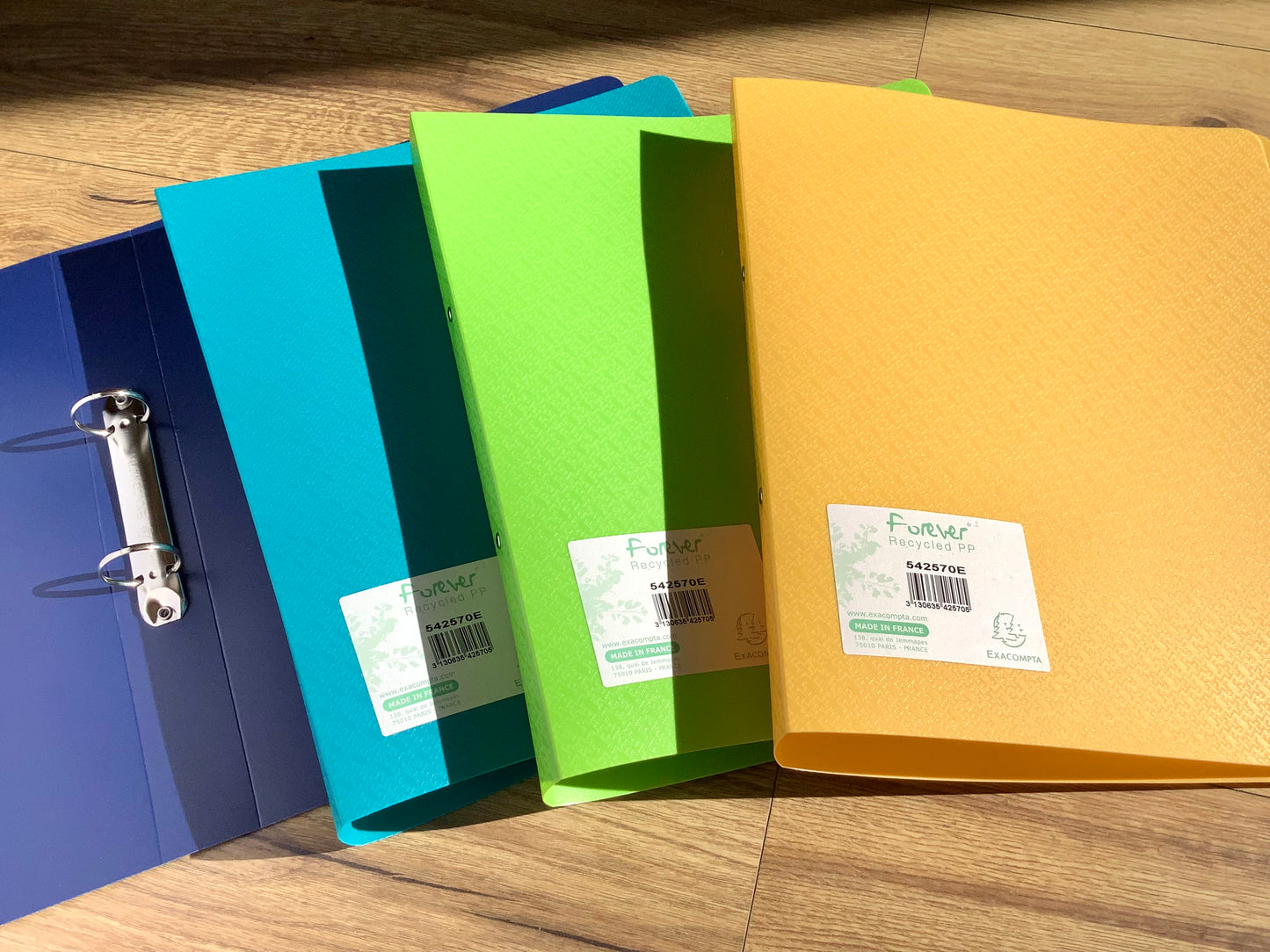Ringbücher aus recyceltem PP in gelb, grün, türkis und blau. Umweltfreundlicher Bürobedarf bei Polly Paper in Berlin-Mitte