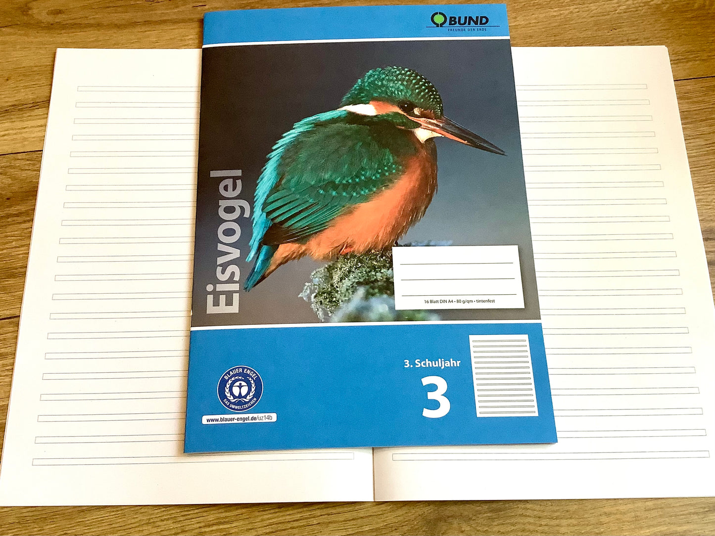 Schulheft A4 Lin.3. Klasse Eisvogel - Polly Paper - Umweltfreundliche Schreibwaren