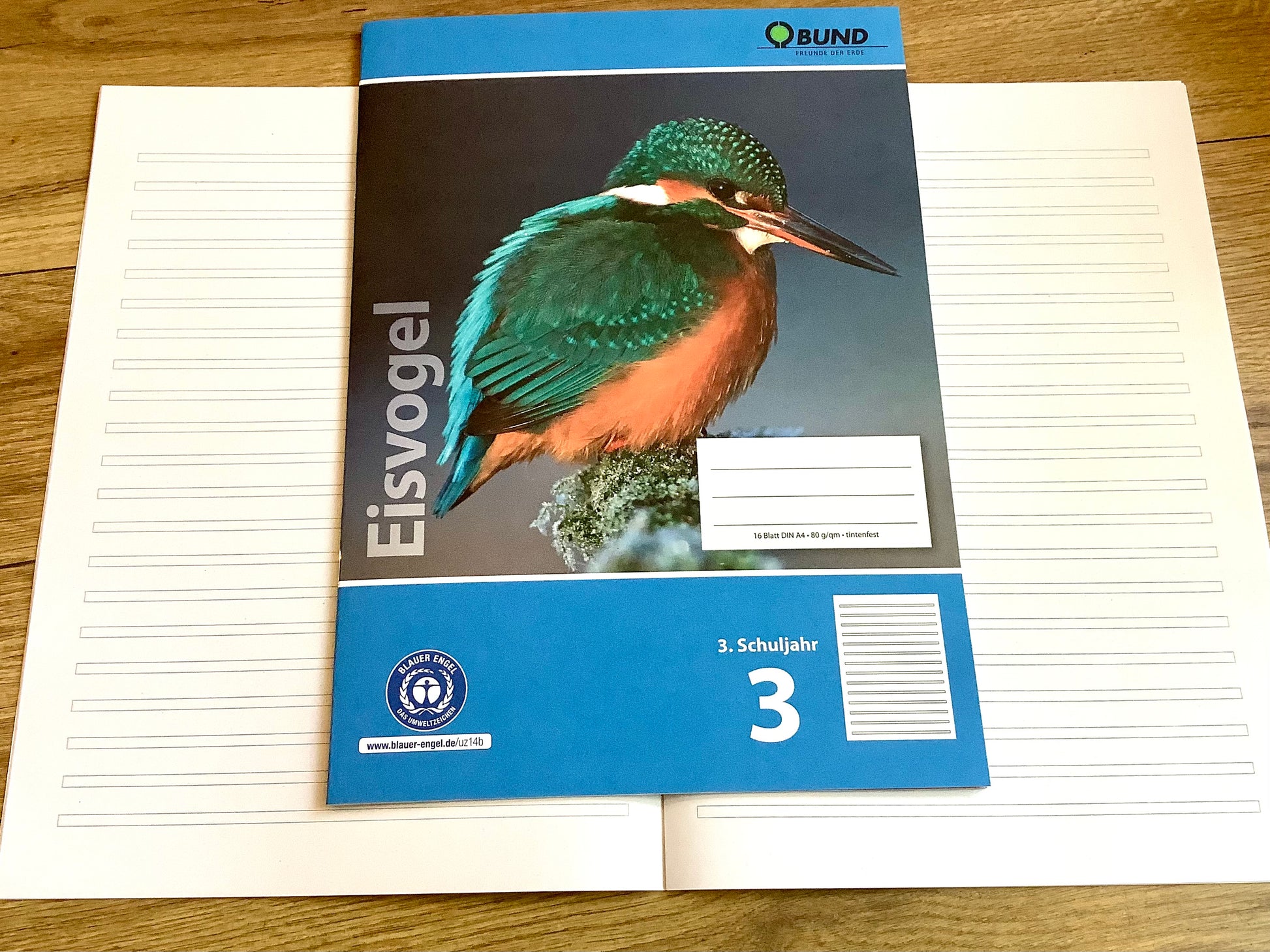 Schulheft A4 Lin.3. Klasse Eisvogel - Polly Paper - Umweltfreundliche Schreibwaren