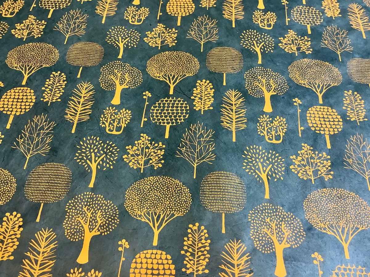 Geschenkpapier Lokta Lamali Trees kupfer auf petrol