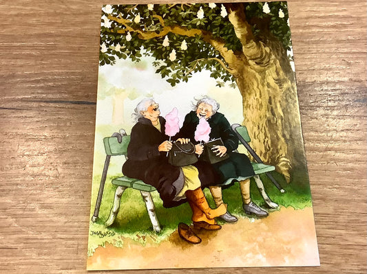 Postkarte Frauen mit Zuckerwatte auf Bank (Löök) - Polly Paper - Umweltfreundliche Schreibwaren