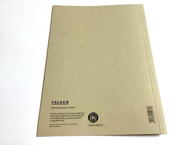 Grauer Aktendeckel von FALKEN aus Recyclingkarton (mit dem blauen Engel und dem Herstellernamen bedruckte Rückseite ; erhältlich bei Polly Paper - Umweltfreundliche Schreibwaren / Bürobedarf in Berlin-Mitte