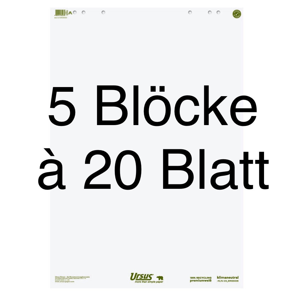 5 Blöcke mit je 20 Blatt Flipchartpapier, blanko, weiß, 100 % recycelt. 68x99cm, von formatwerk.
Bürobedarf bei Polly Paper in Berlin Mitte