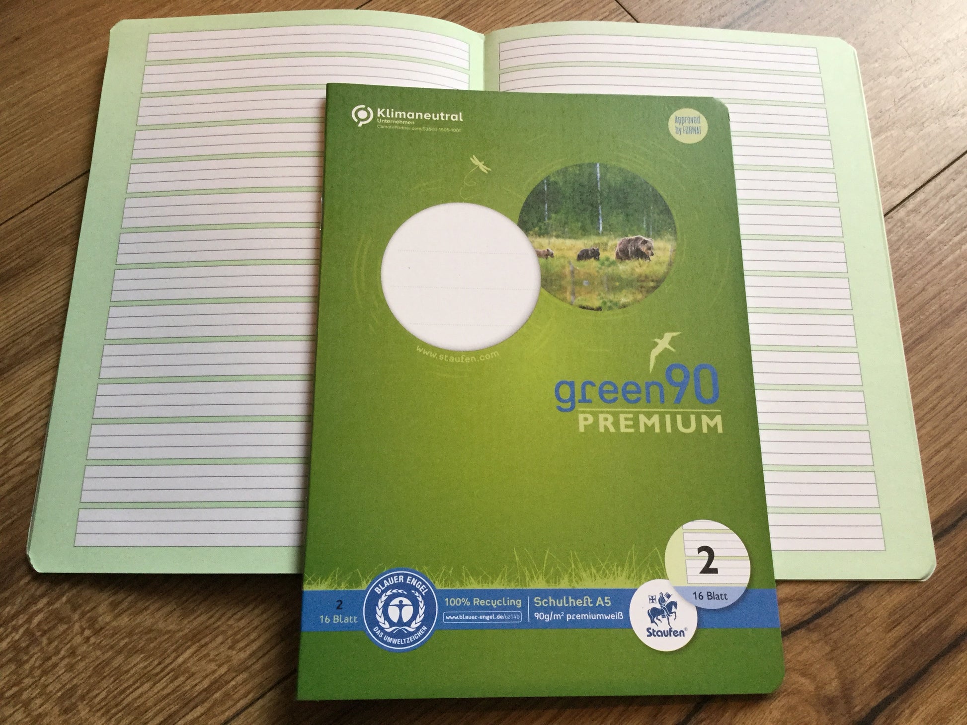 Schulheft A5 Lin.2 grün Green90g Deutschheft - Polly Paper - Umweltfreundliche Schreibwaren