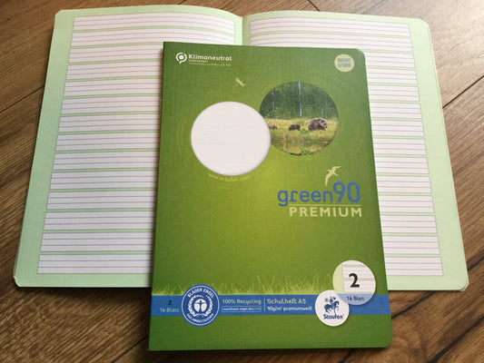 Schulheft A5 Lin.2 grün Green90g Deutschheft - Polly Paper - Umweltfreundliche Schreibwaren