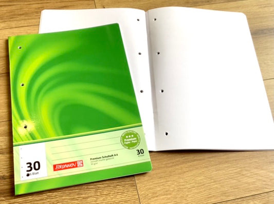 Schulheft A4 Lin.30 blanko gelocht perforiert 90g - Polly Paper - Umweltfreundliche Schreibwaren